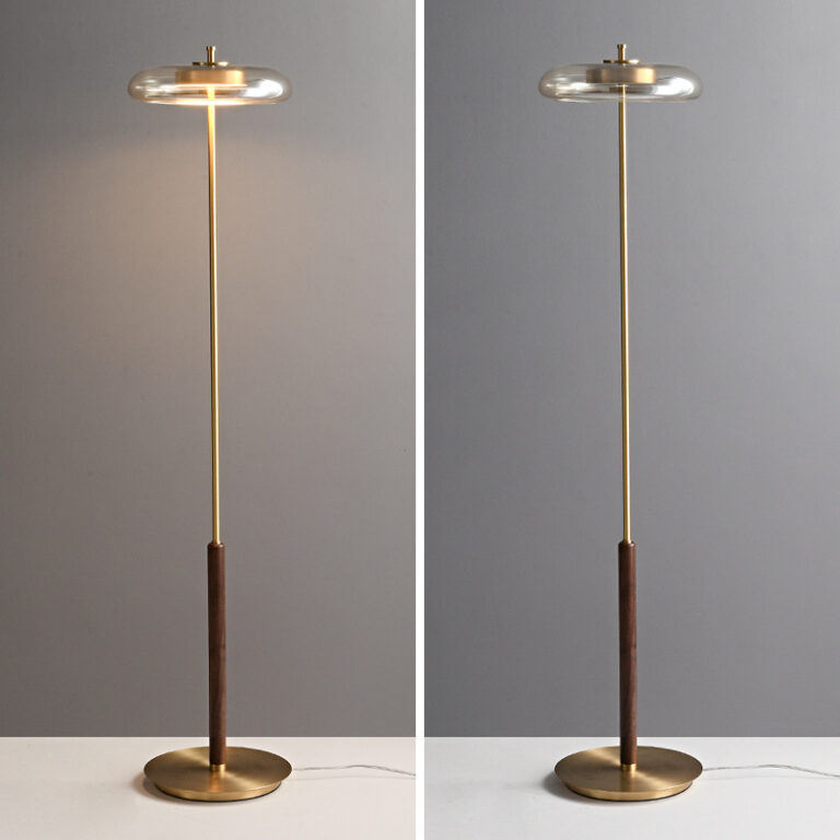 Nordic Elegance Brass and Walnut Floor Lamp with Glass Shade